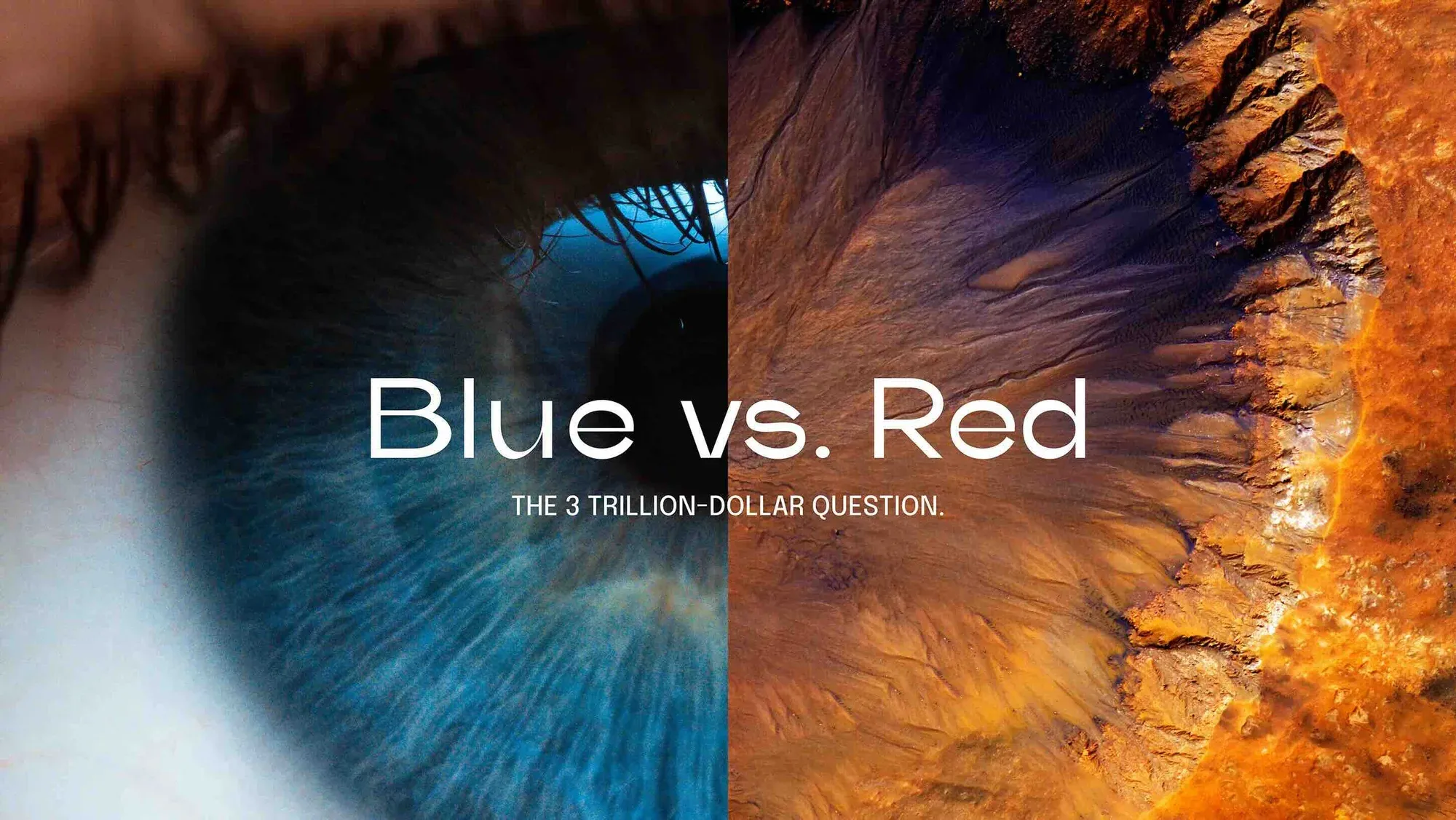 Blue vs. Red -pääkuva: sininen ihmissilmä ja punainen aavikkomaisema.