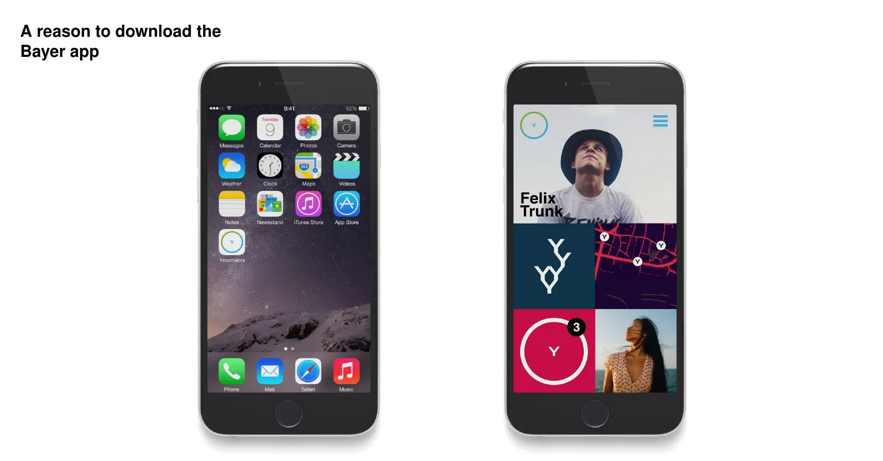 Two phones: a home screen with the Ymoments app and the app’s home screen.