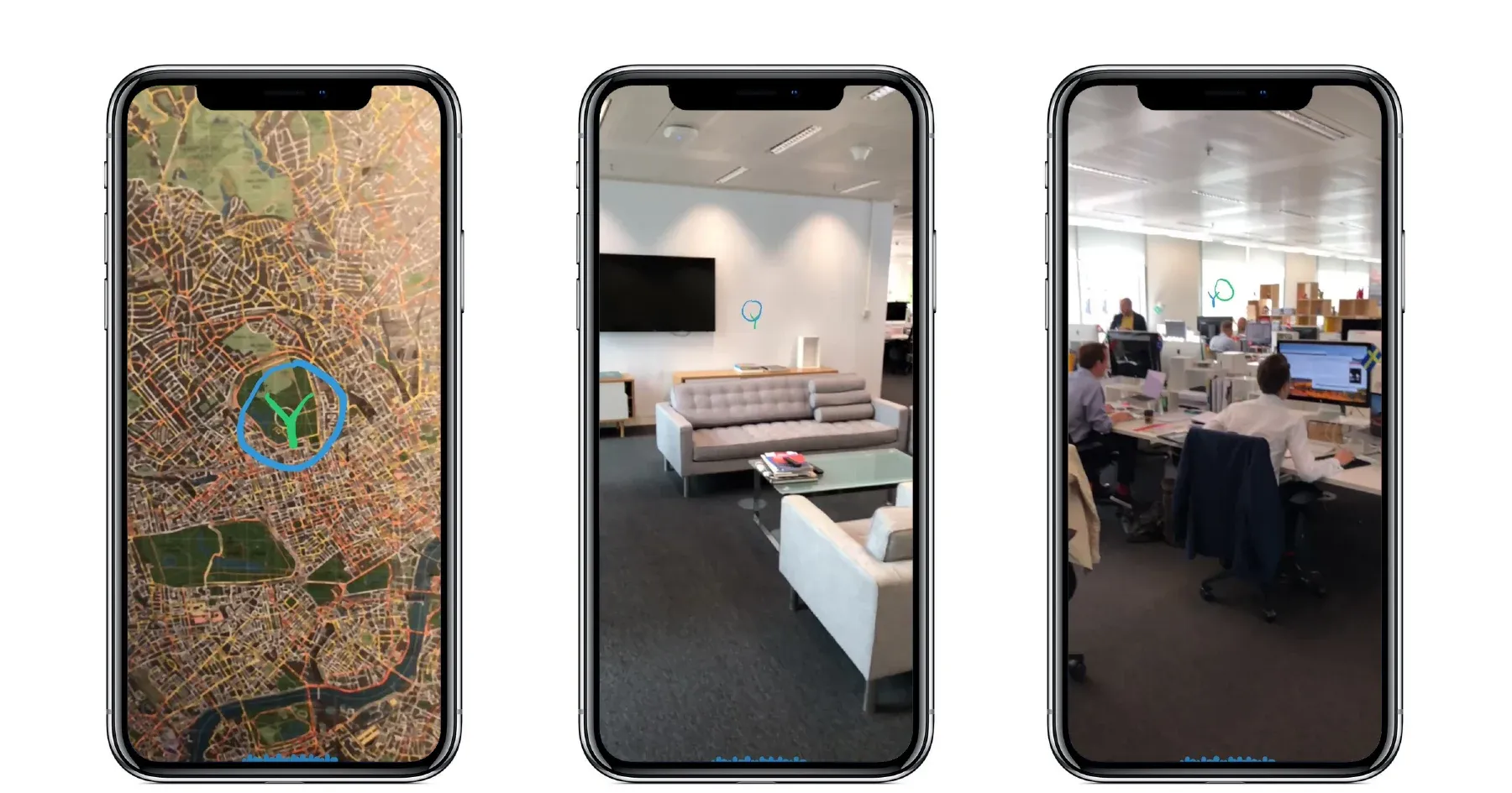 Three phones showing AR Y marks on a city map, in an office lounge and over desks.
