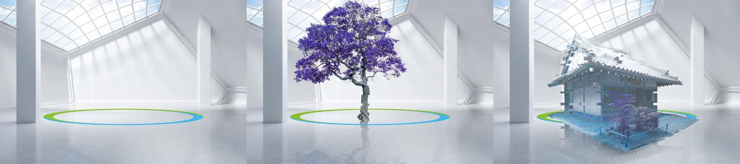 Three views of a bright atrium: an empty ring on the floor, a purple tree growing from it, then a pavilion.