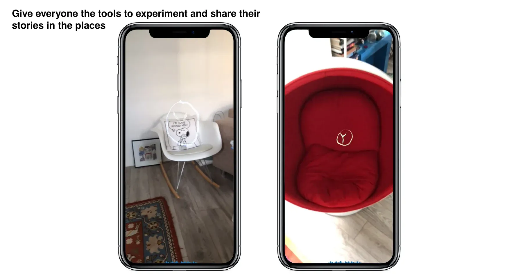 Two phones showing hand-drawn AR marks placed on a chair and inside a ball chair at home.