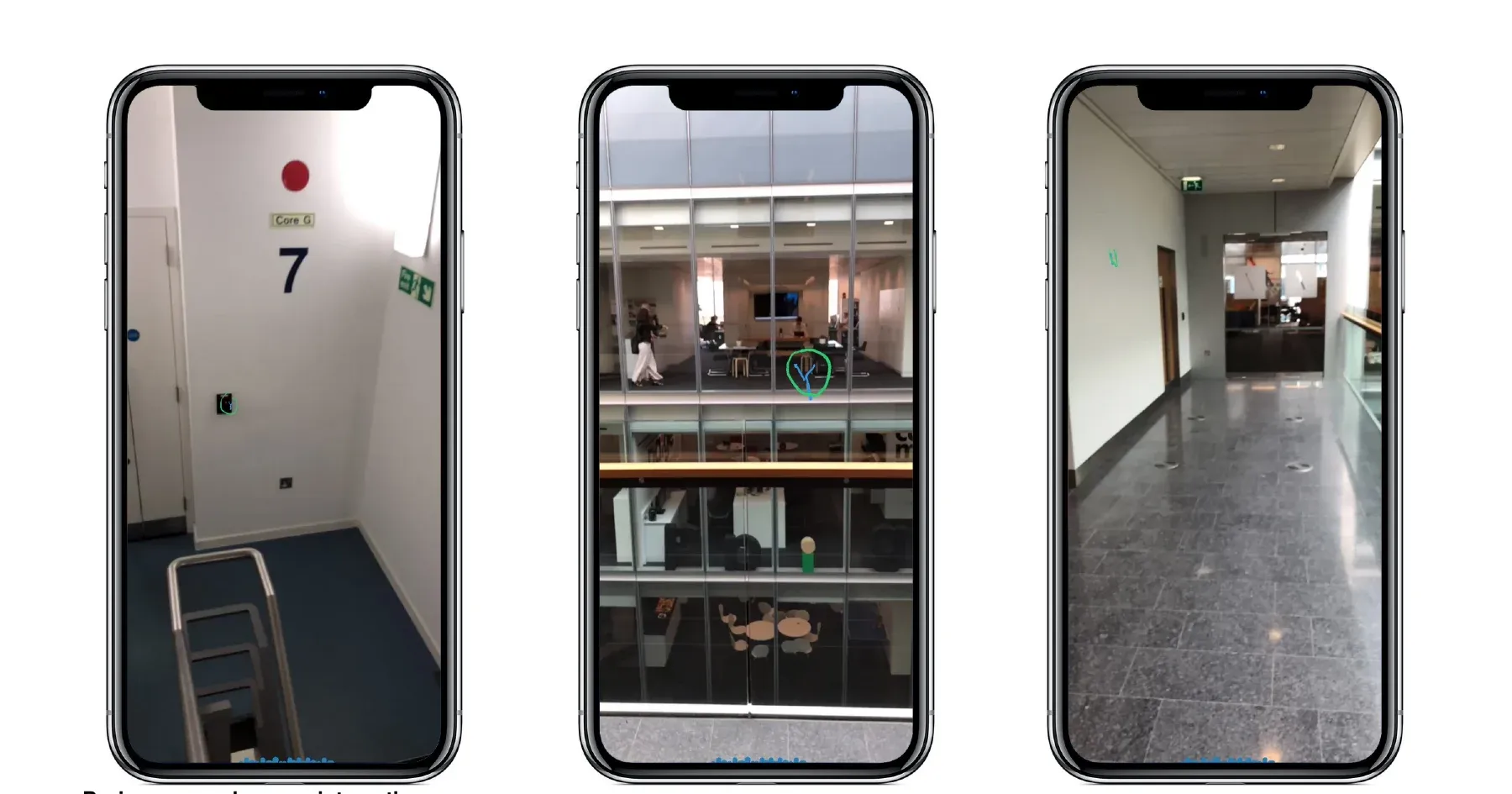 Three phones showing AR Y marks in a stairwell, an atrium and a corridor.