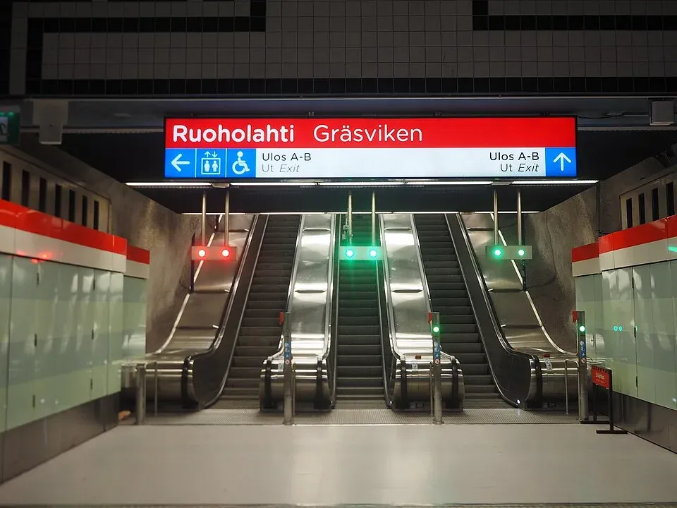 Empty escalators at Ruoholahti metro station in Helsinki.