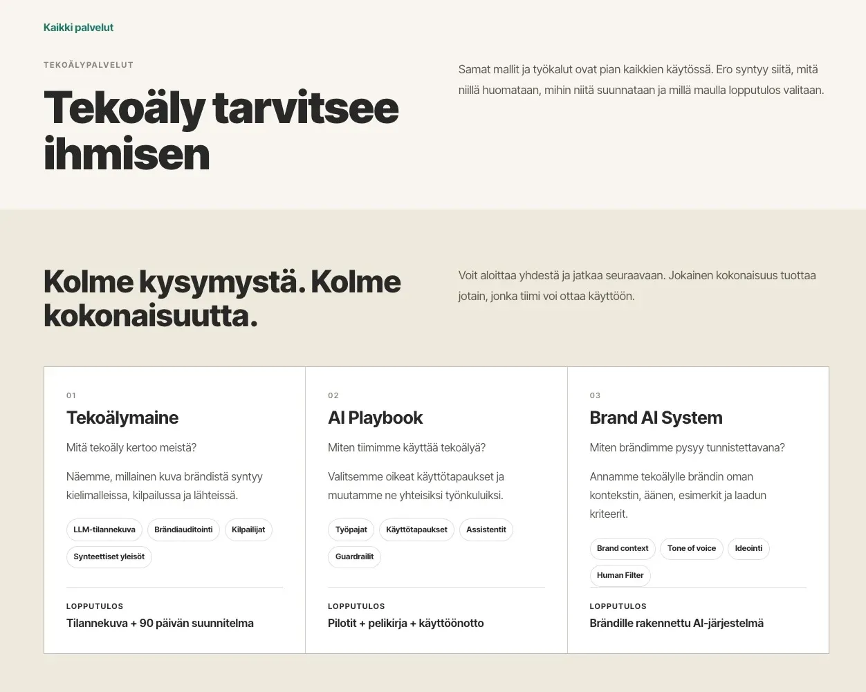 Avidly's AI services page in Finnish, headed Tekoäly tarvitsee ihmisen (AI needs a human). Three packages side by side: Tekoälymaine, AI Playbook and Brand AI System, each with its question, contents and outcome.