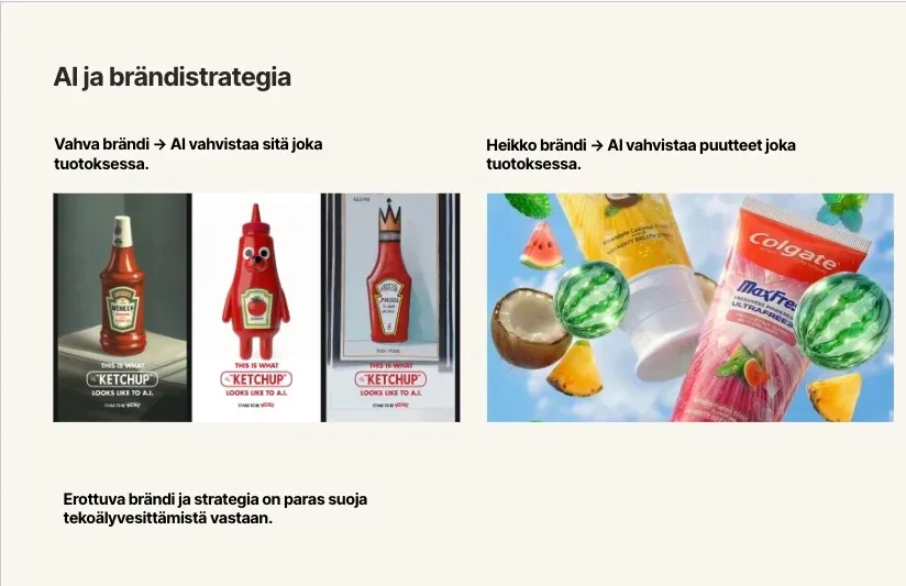 Slide in Finnish, AI and brand strategy: AI-generated Heinz ketchup ads show a strong brand amplified, a generic toothpaste visual shows a weak brand's gaps amplified.