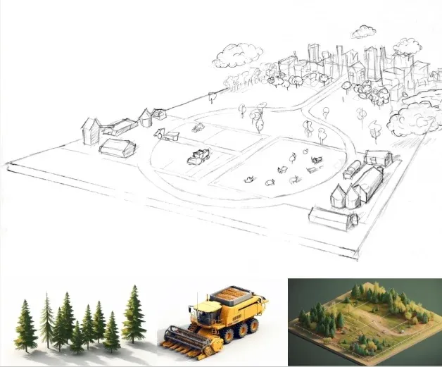 Pencil sketch of a farm landscape above three AI-generated renders: pine trees, a combine harvester and an isometric diorama.