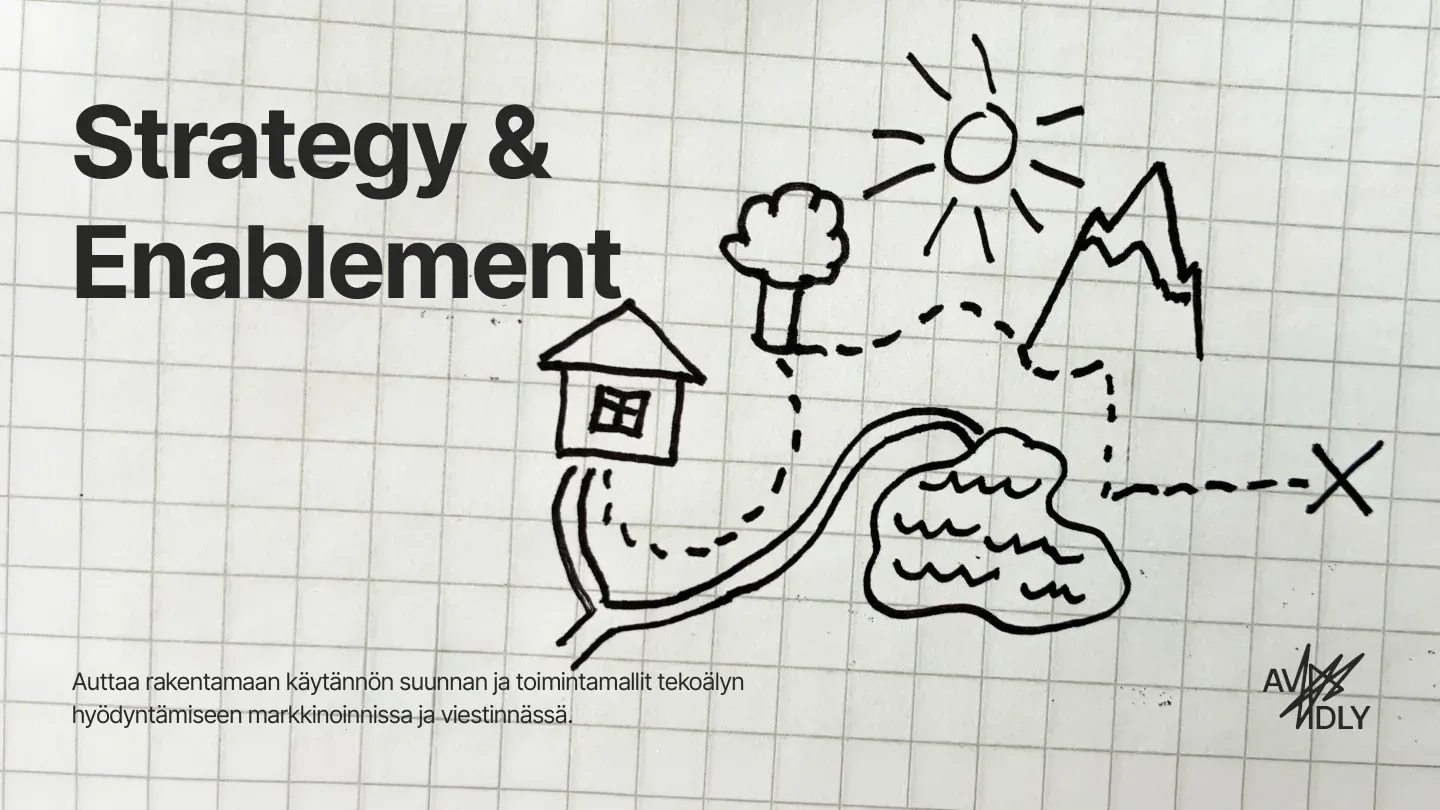 Hand-drawn map from a house to a destination on grid paper, titled Strategy & Enablement.