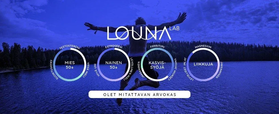 A wide banner with a person leaping by a lake and four rings for men 50+, women 50+, plant-based eaters and exercisers.