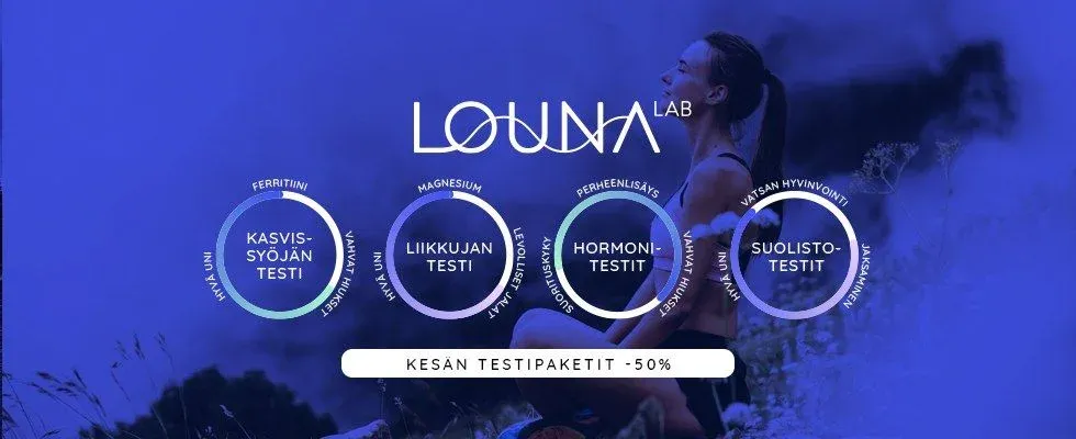 A wide banner with four rings presenting test packages beside a woman in blue duotone.