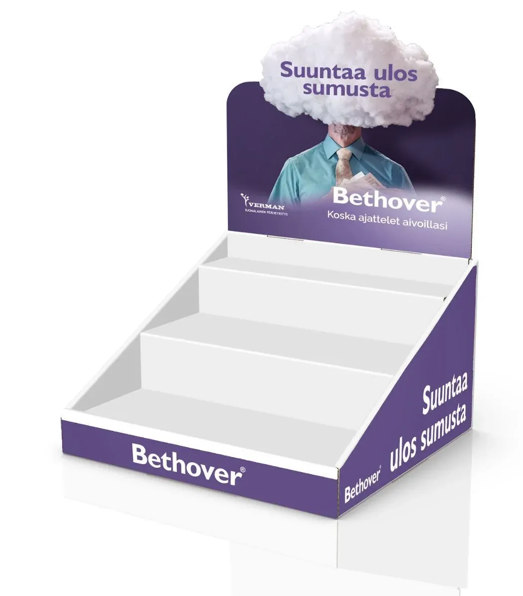 A white and purple Bethover counter display reading Suuntaa ulos sumusta.