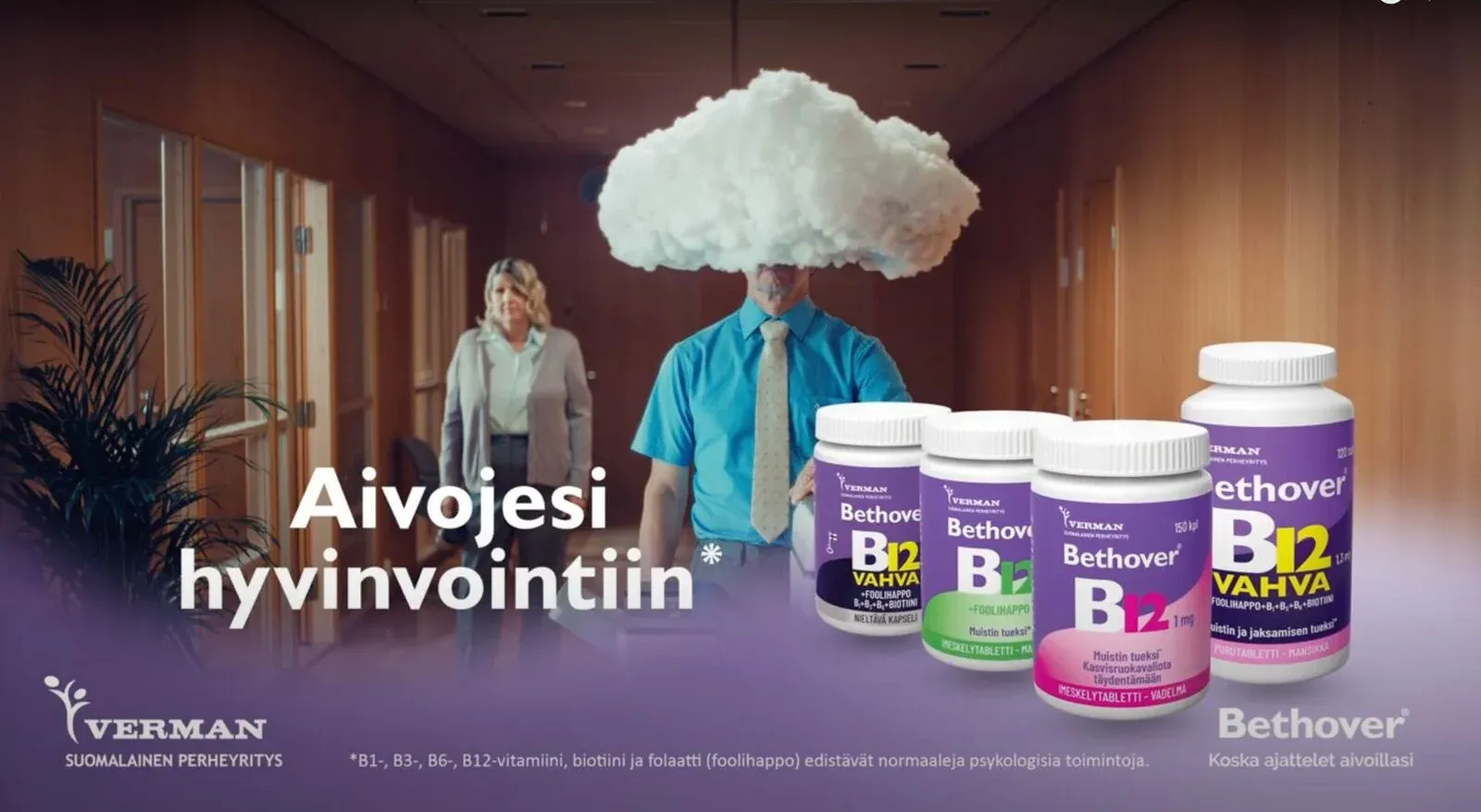 A man with a cloud for a head in an office, Bethover B12 jars in front and the line Aivojesi hyvinvointiin.