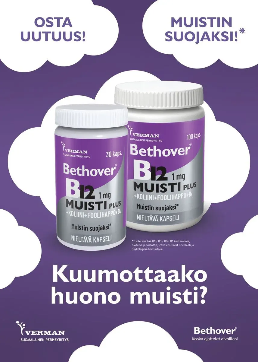 Purple poster with clouds and Bethover B12 Muisti Plus jars, asking Kuumottaako huono muisti?