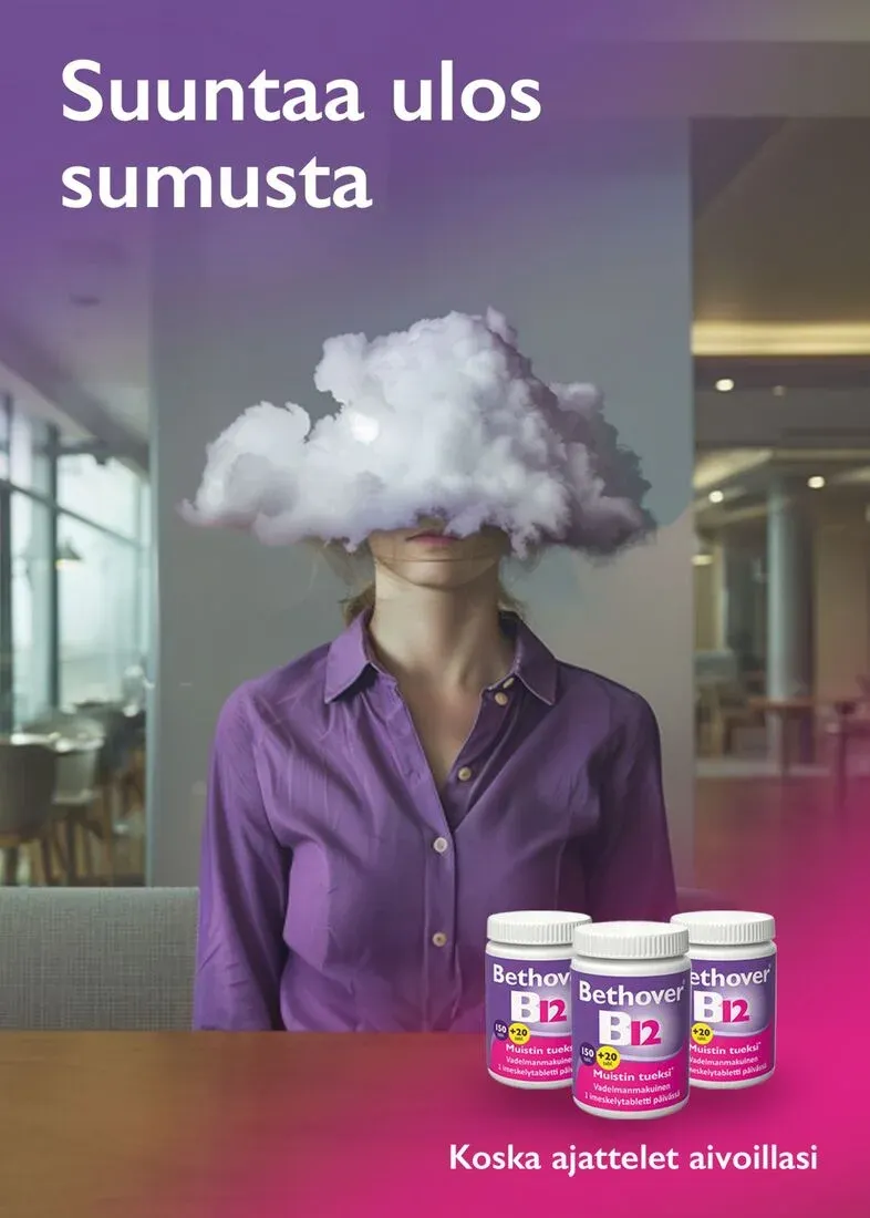 Poster draft: a woman in a purple shirt with a cloud for a head, the line Suuntaa ulos sumusta and Bethover jars.
