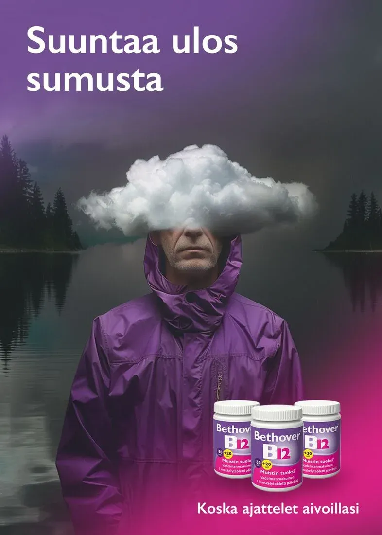 Poster draft: a man in a purple rain jacket by a lake with a cloud for a head and Bethover jars.