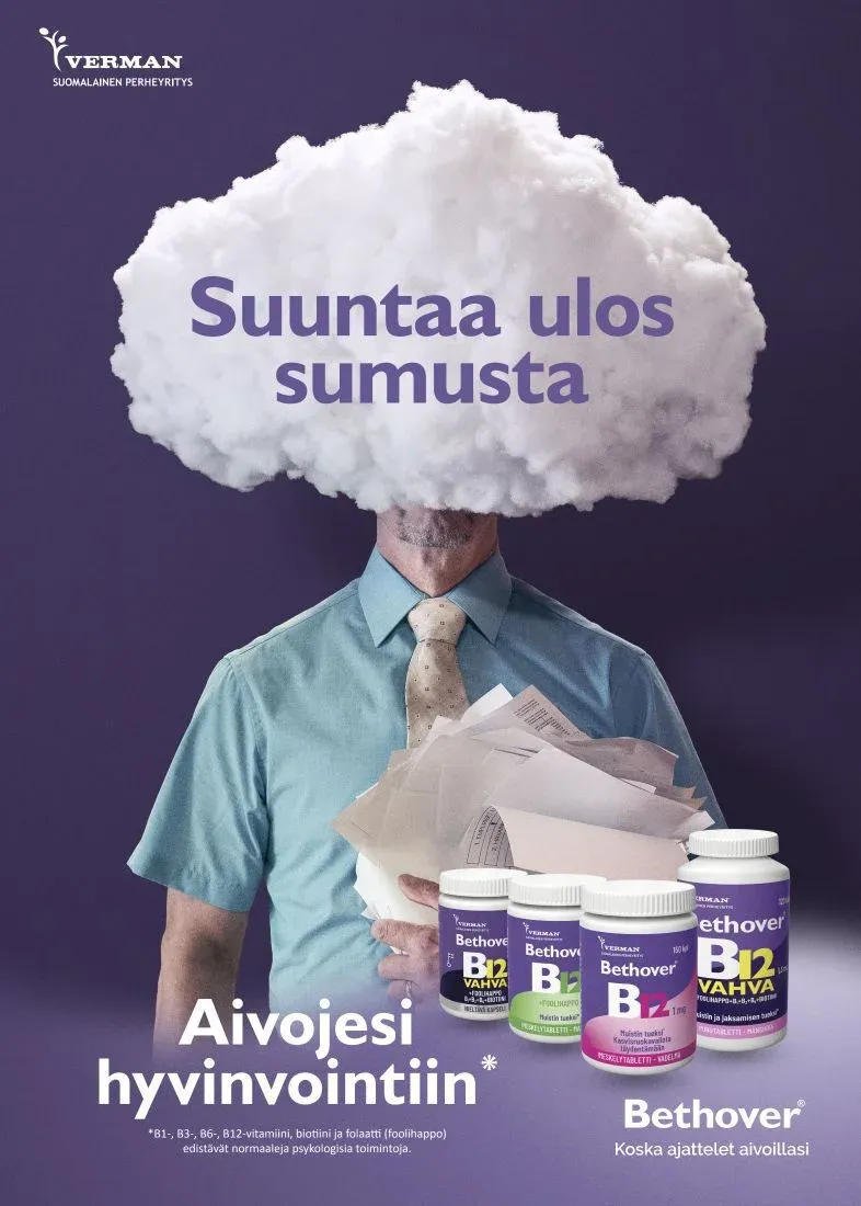 Final poster: a man with a cloud for a head holding papers, the line Suuntaa ulos sumusta and Bethover jars.