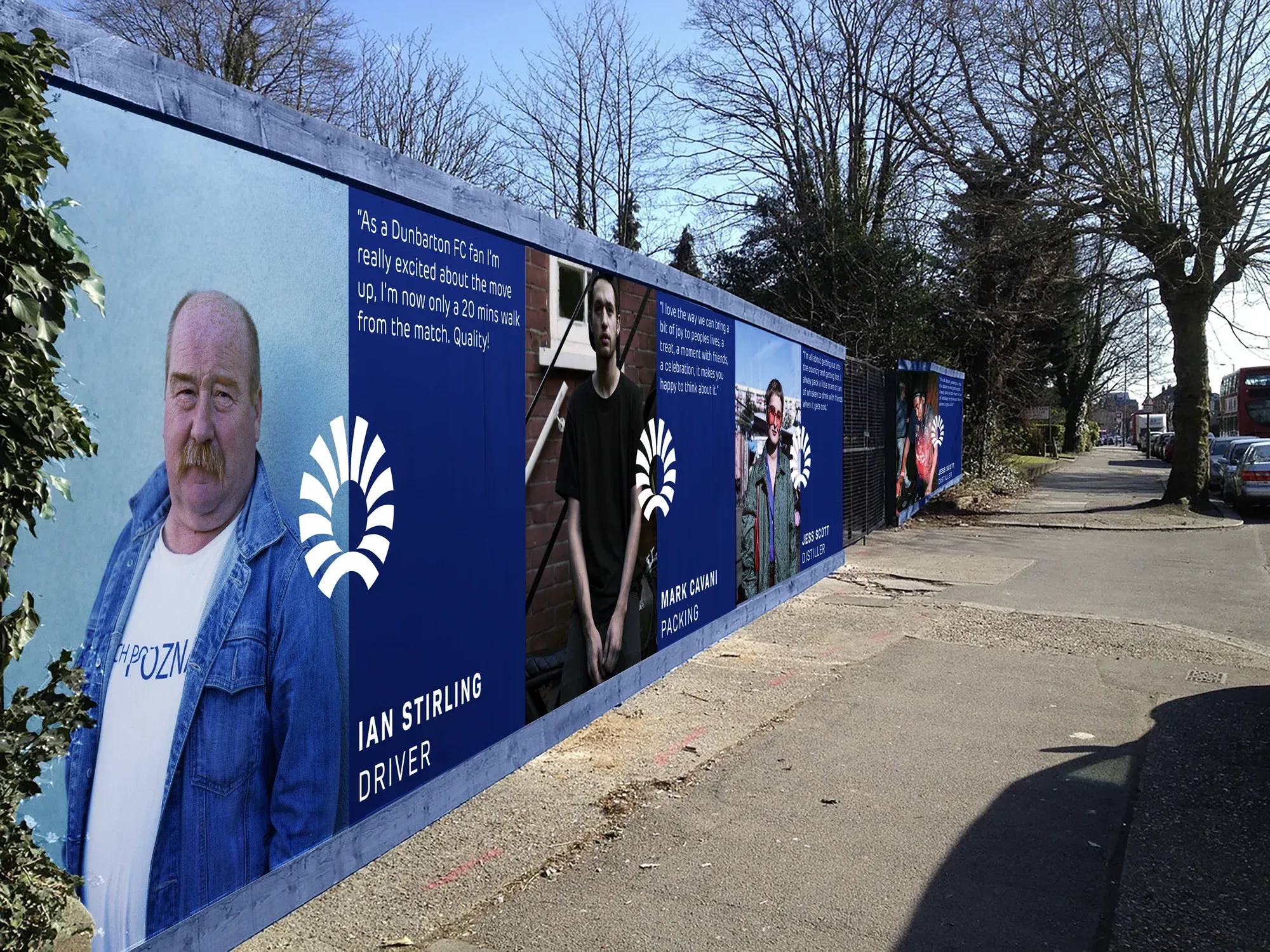 Building hoarding at the Kilmalid bottling plant with large employee portraits and quotes beside the logo.