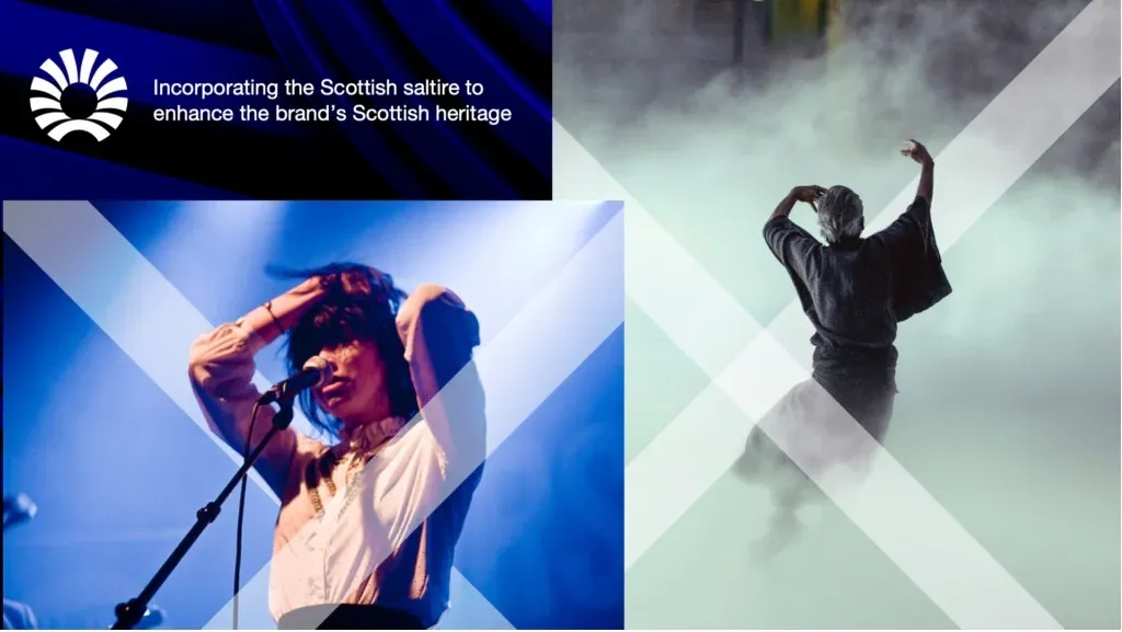 Concert and dance photographs overlaid with the diagonal cross of the Scottish saltire.