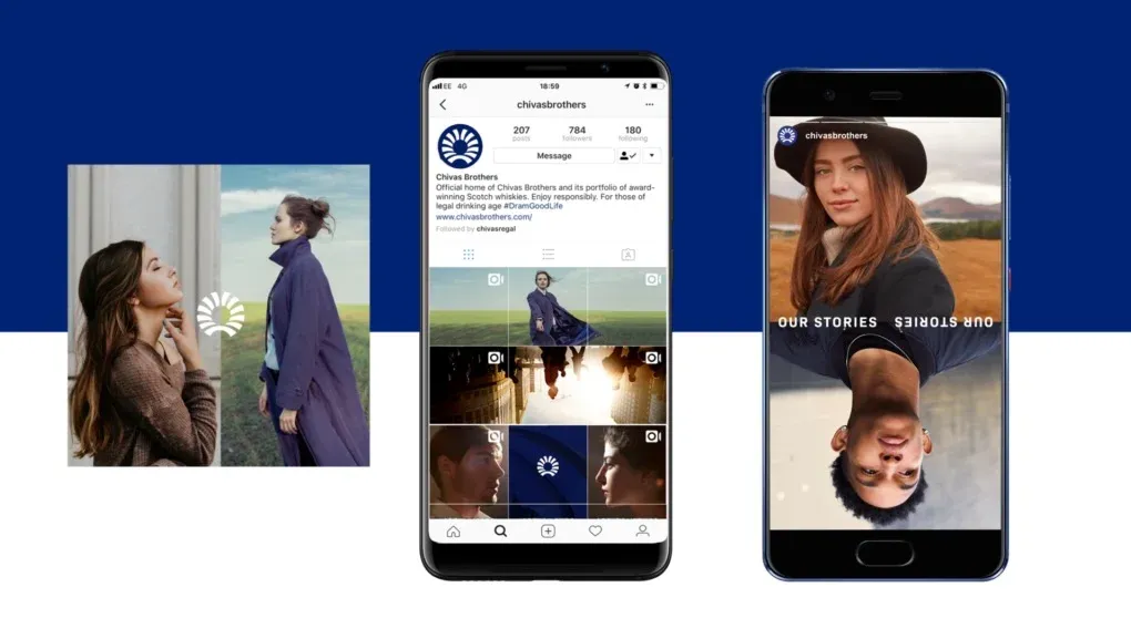The Chivas Brothers Instagram profile and story formats on two phones.