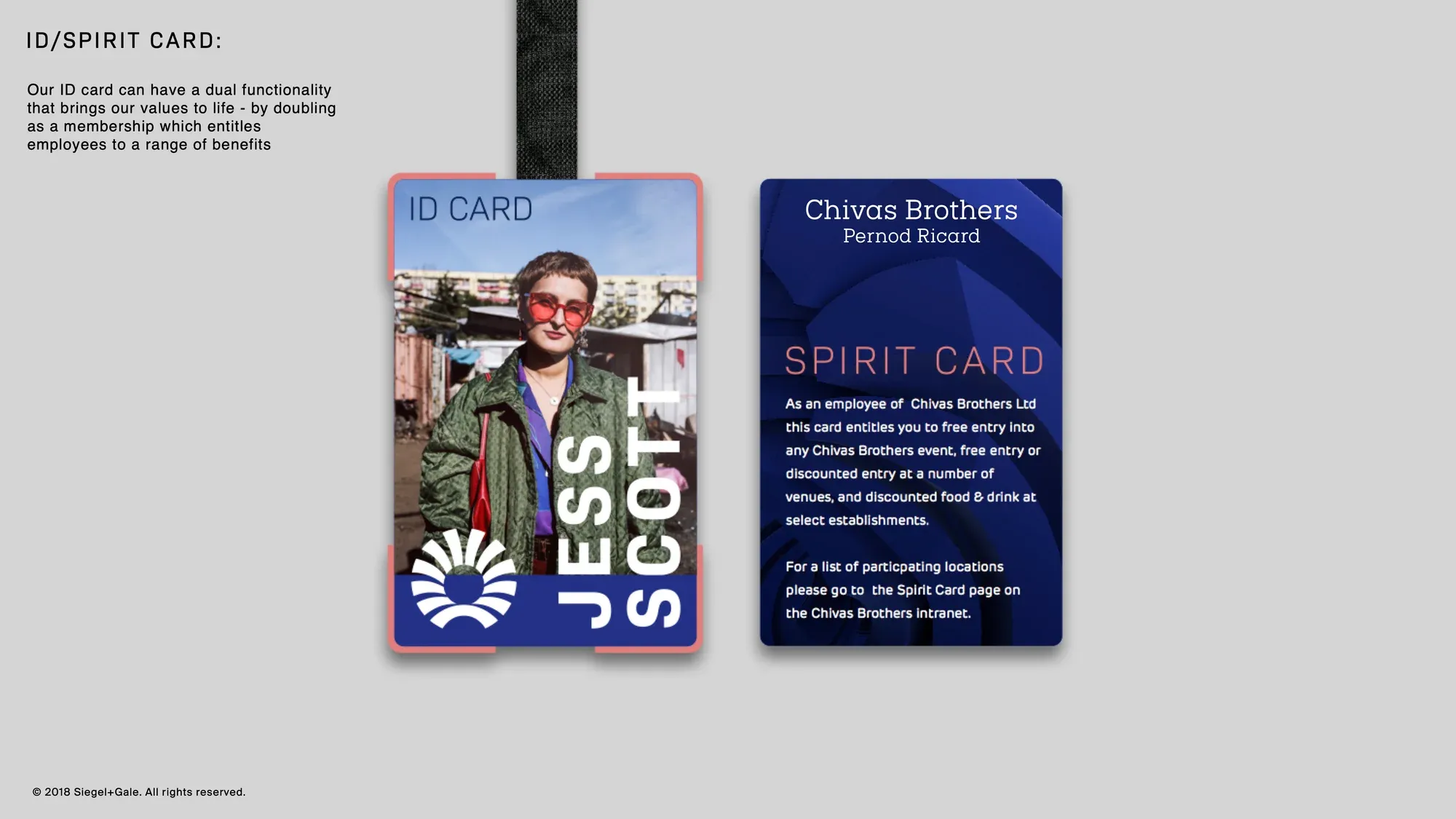 An employee ID card and its reverse, the Spirit Card.