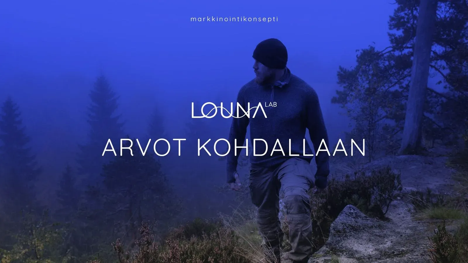 A man walking in a misty Nordic forest in ultramarine duotone, with the LounaLab logo and the words Arvot kohdallaan.