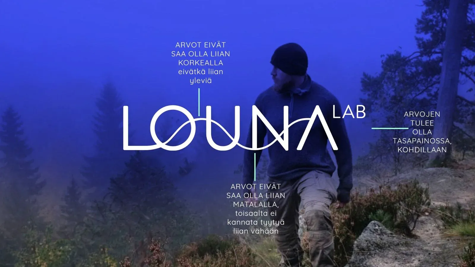 LounaLab logo over a man in a misty forest, in ultramarine duotone, with notes about values that should not be too high or too low.