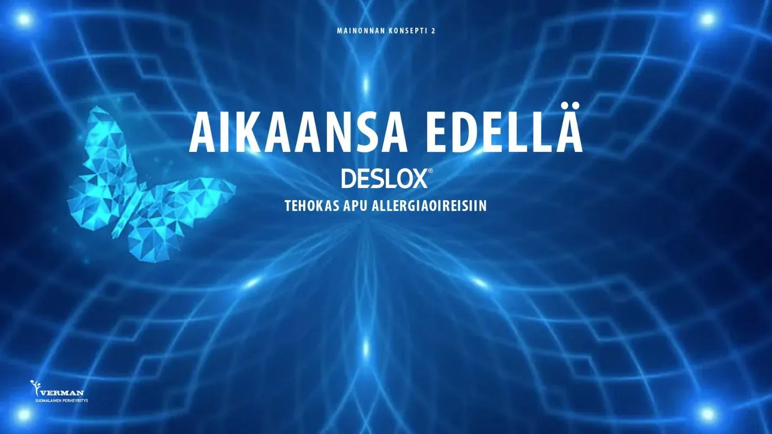 A glowing digital butterfly in a blue tunnel of light, with the line Aikaansa edellä and the Deslox logo.