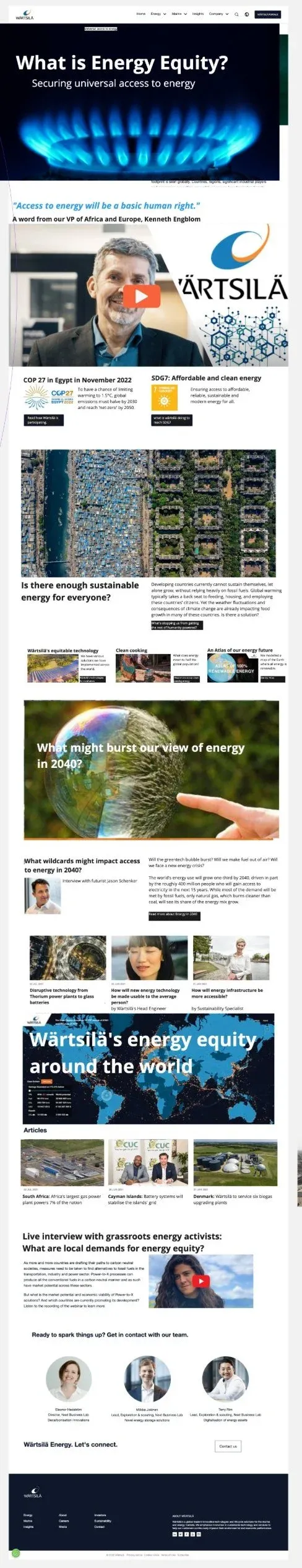 A tall landing page for Energy Equity with video, articles, an interview, a project map and contact persons.