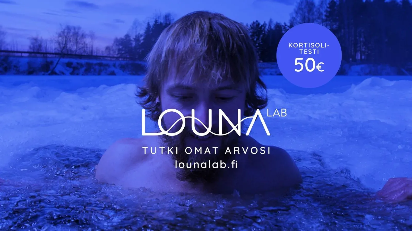 An ice swimmer lowered into a hole in the ice, with the LounaLab logo and a cortisol test offer.