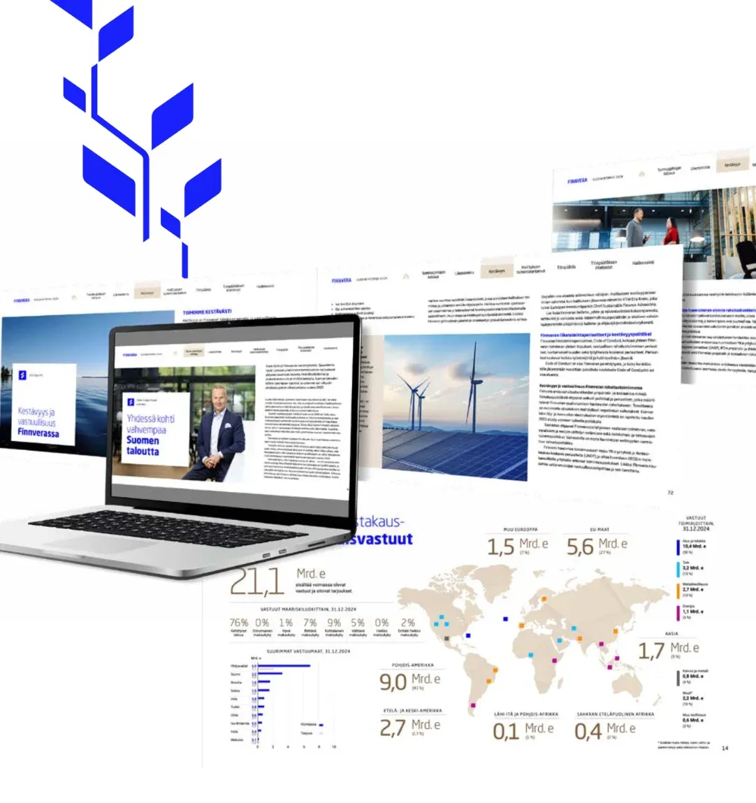 Finnvera annual report spreads on a laptop and pages, with infographics of guarantee exposure by region.