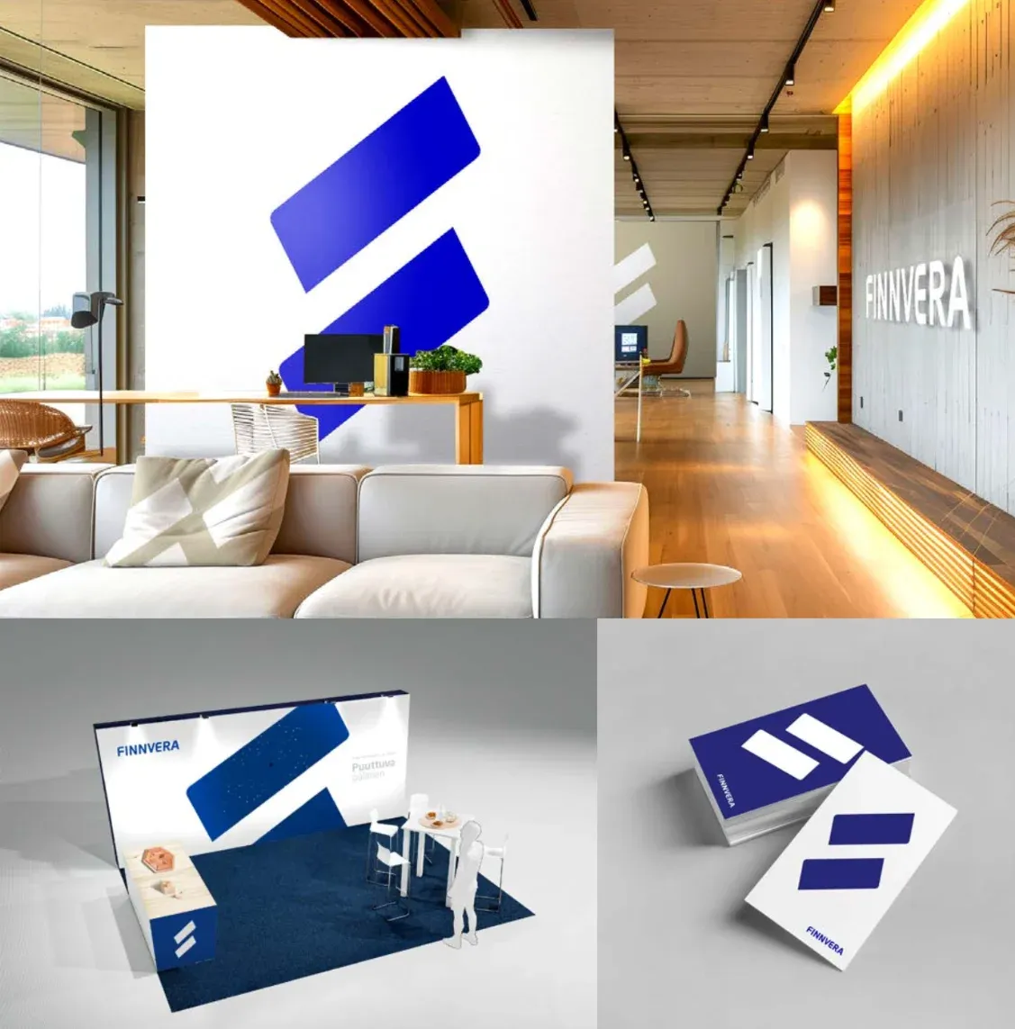 The missing-piece mark on an office wall, an exhibition stand and business cards, with the Finnvera logotype.