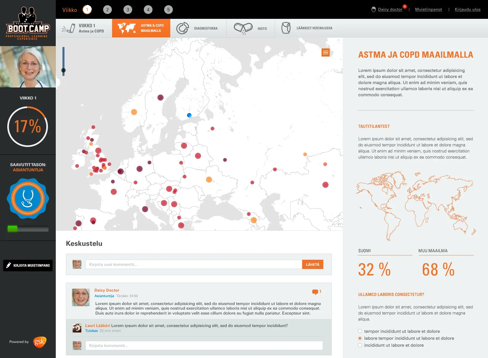 Boot Camp week 1 screen: a map of asthma and COPD cases across Europe, the participant’s 17% progress, an Expert level badge and a discussion thread.