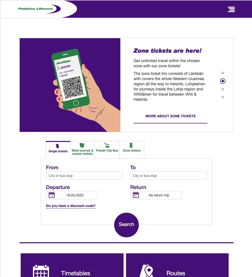 The website, redesigned in purple with the same icons as the ads.