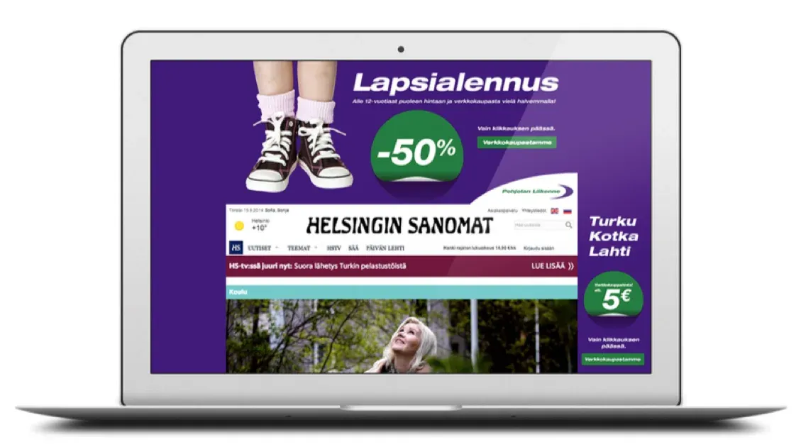 Paid media. A takeover of Helsingin Sanomat, Finland’s main newspaper.
‘Child discount -50%’