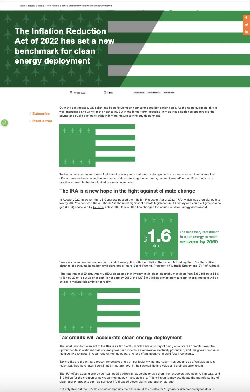 A long article page about the Inflation Reduction Act with a green graphic hero and data visuals between sections.