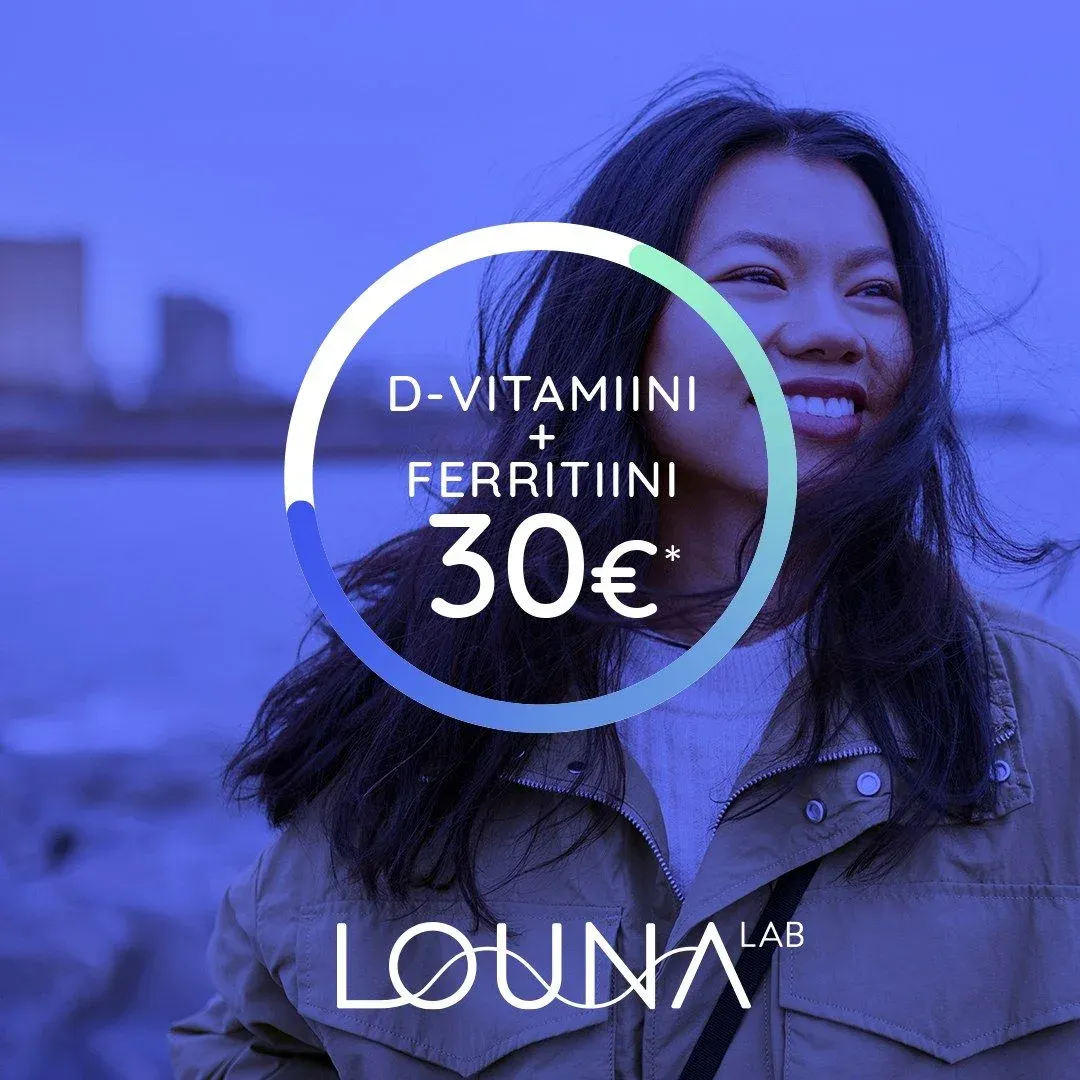 A woman smiling in blue duotone inside a ring reading D-vitamiini + ferritiini 30 €.