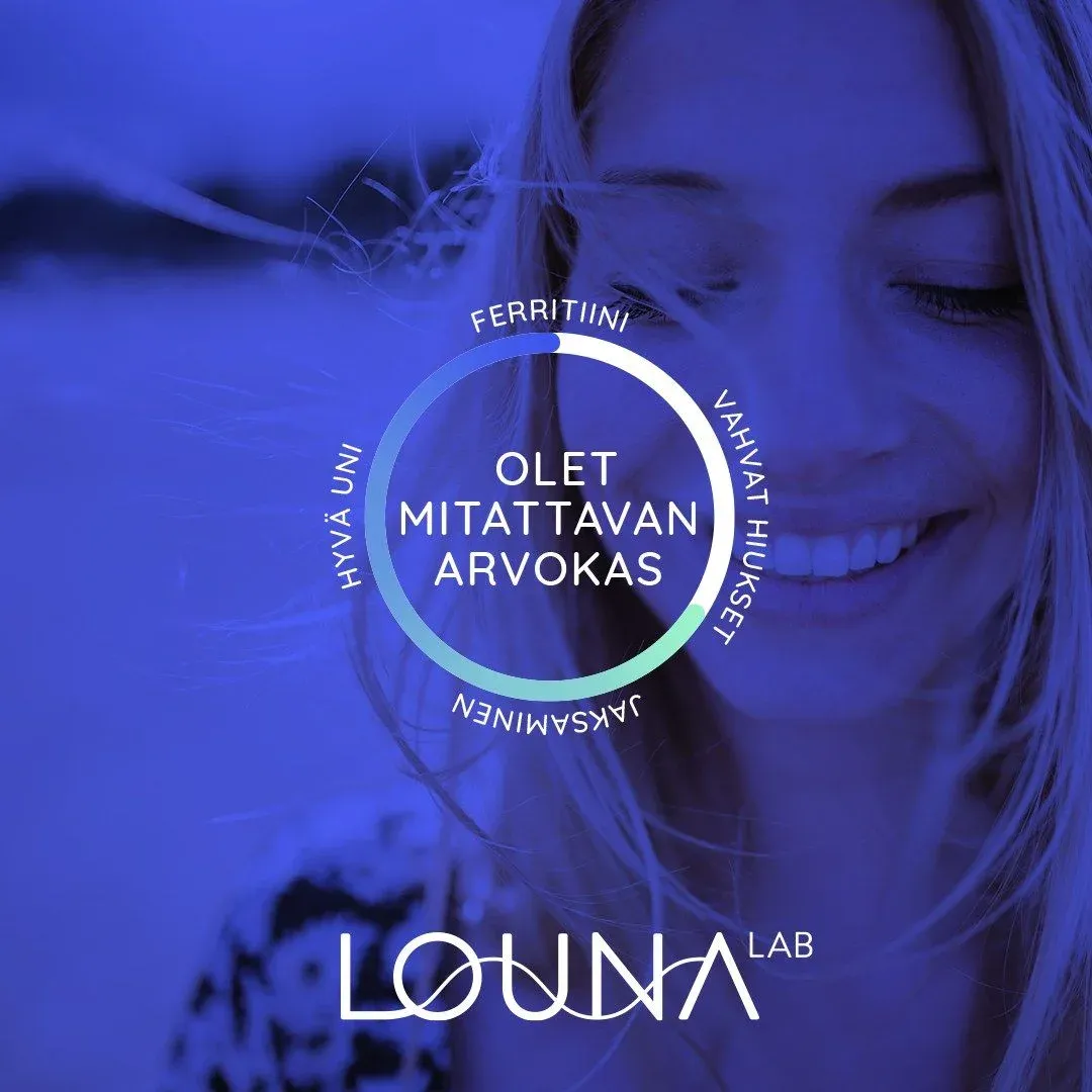 A smiling woman in blue duotone inside a ring reading Olet mitattavan arvokas, with ferritin, good sleep, energy and strong hair around it.