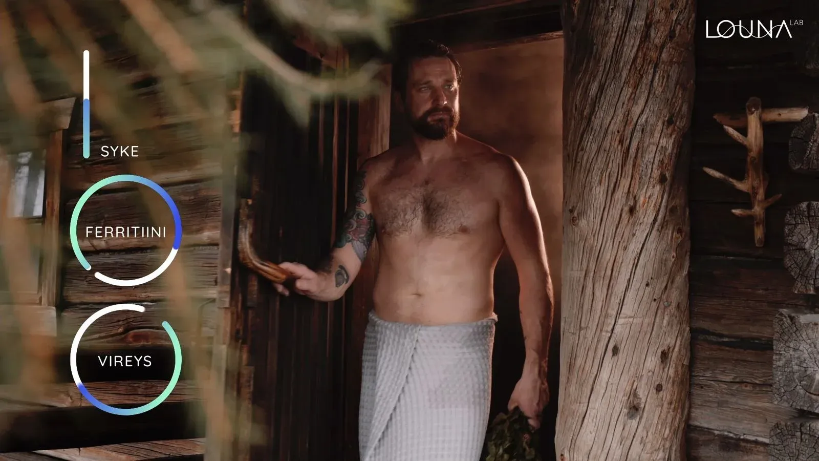 A man stepping out of a wooden sauna, with rings reading heart rate, ferritin and alertness.
