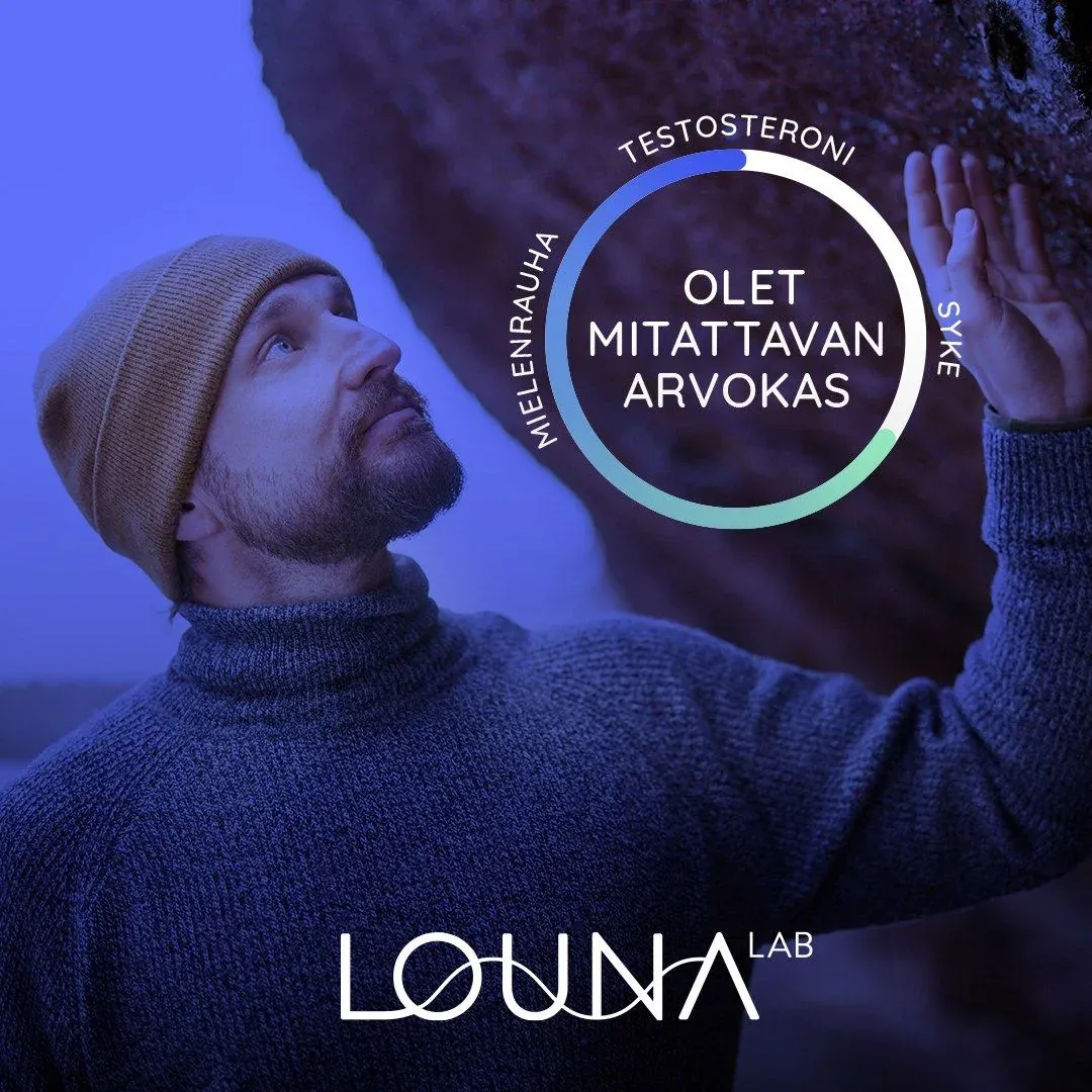 A man in a knitted hat looking up at a rock, with a ring reading testosterone, peace of mind and heart rate.