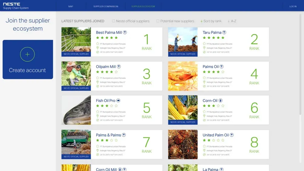 The supplier ecosystem: a grid of rated supplier profiles and a button to create an account.