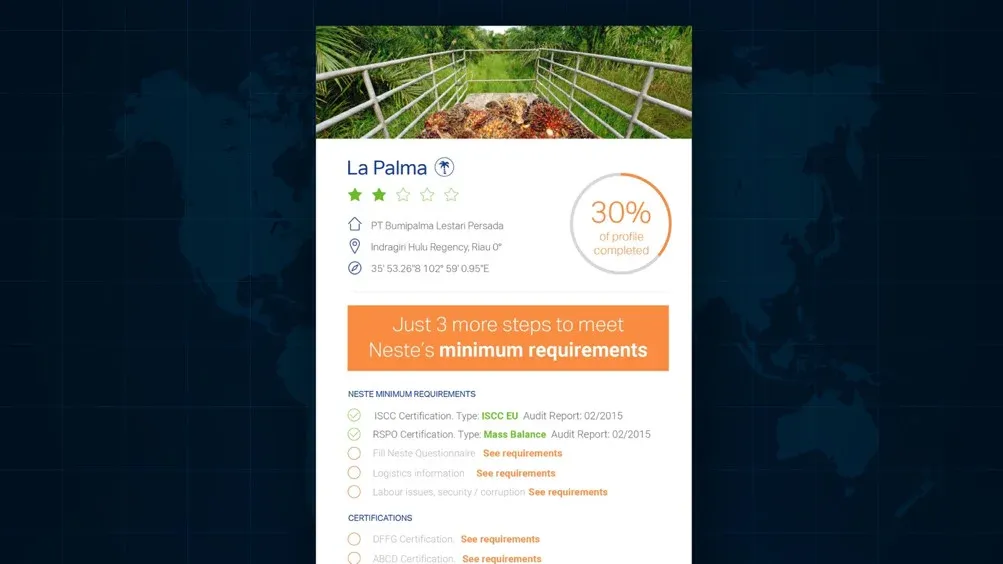 A supplier profile for La Palma, 30% complete, with the steps it needs to meet Neste’s minimum requirements.