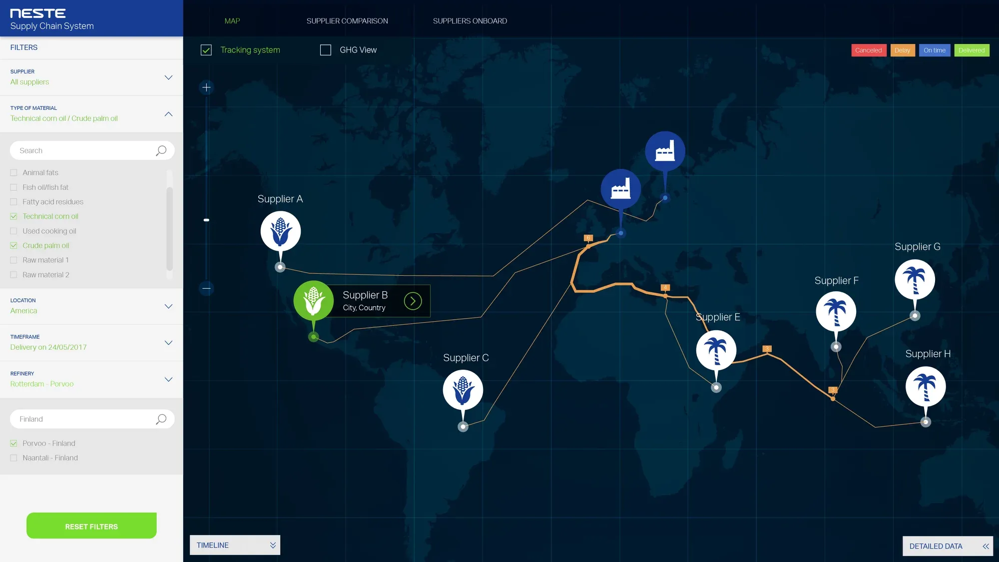 Suppliers on a map, filterable by every criterion, linked to shipments.