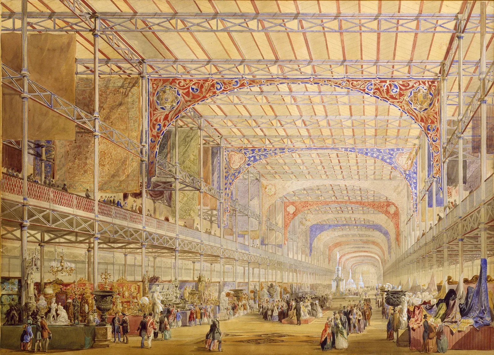 Painting of the iron and glass interior of the Crystal Palace, 1851.