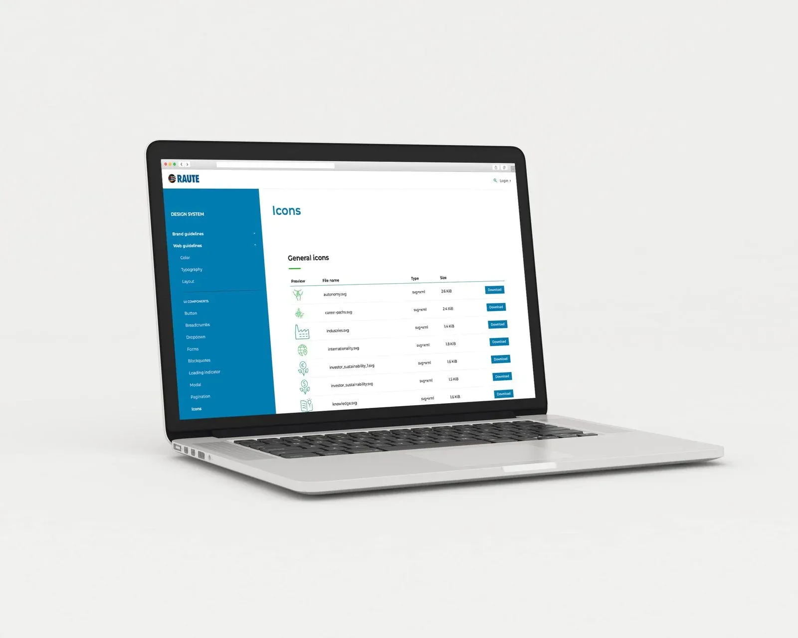 A laptop showing the icons page of the Raute design system.