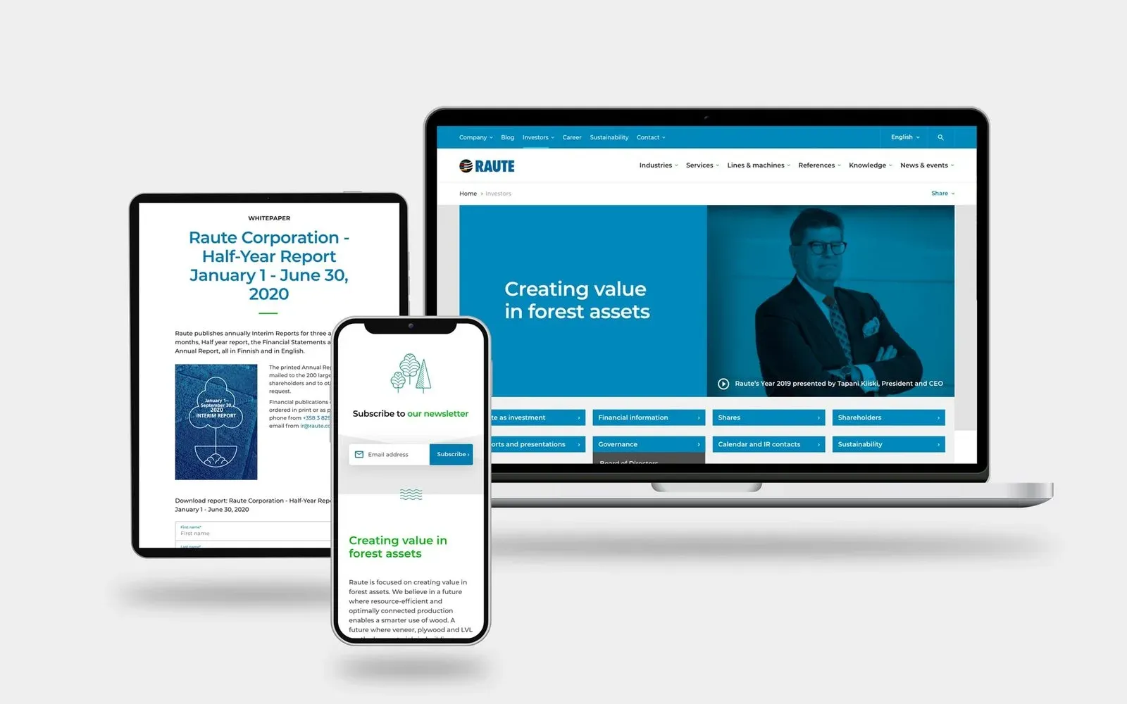 The new raute.com on a laptop, tablet and phone: investor front page, half-year report download and newsletter sign-up.