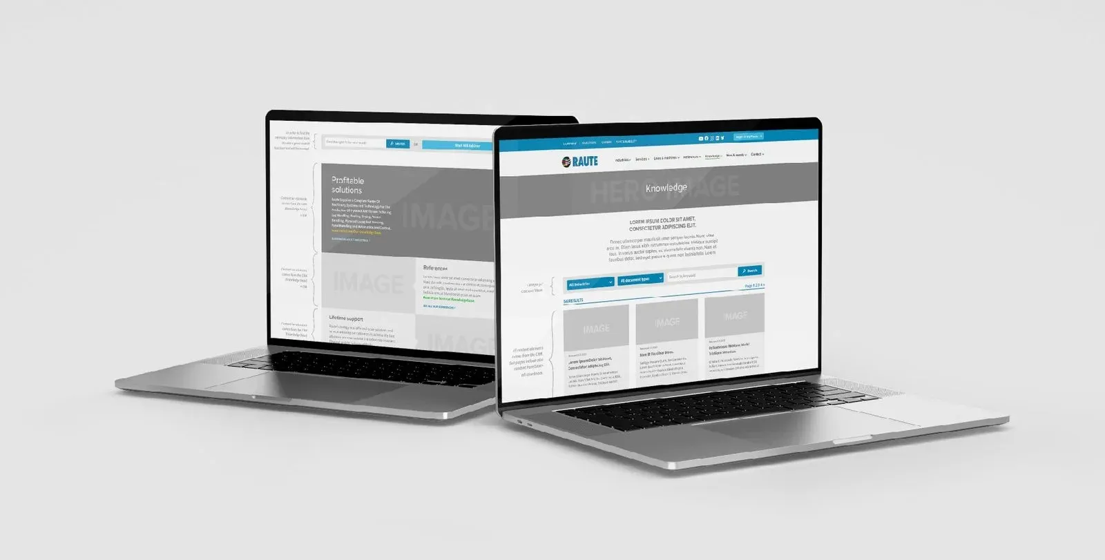 Two laptops showing grey wireframes of the Raute homepage and Knowledge section.