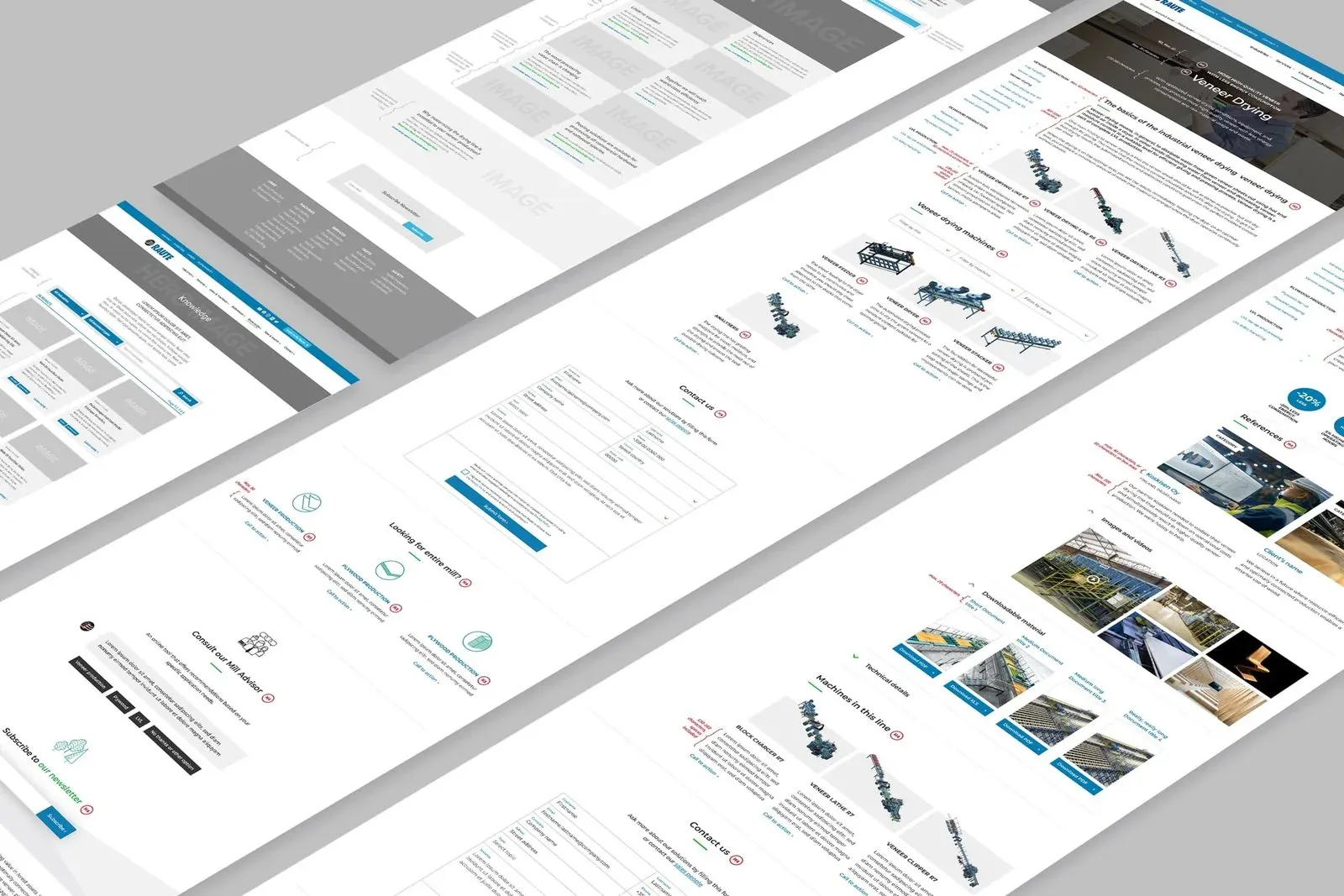 Angled view of long page specifications for production line pages, with machines, images and text blocks.
