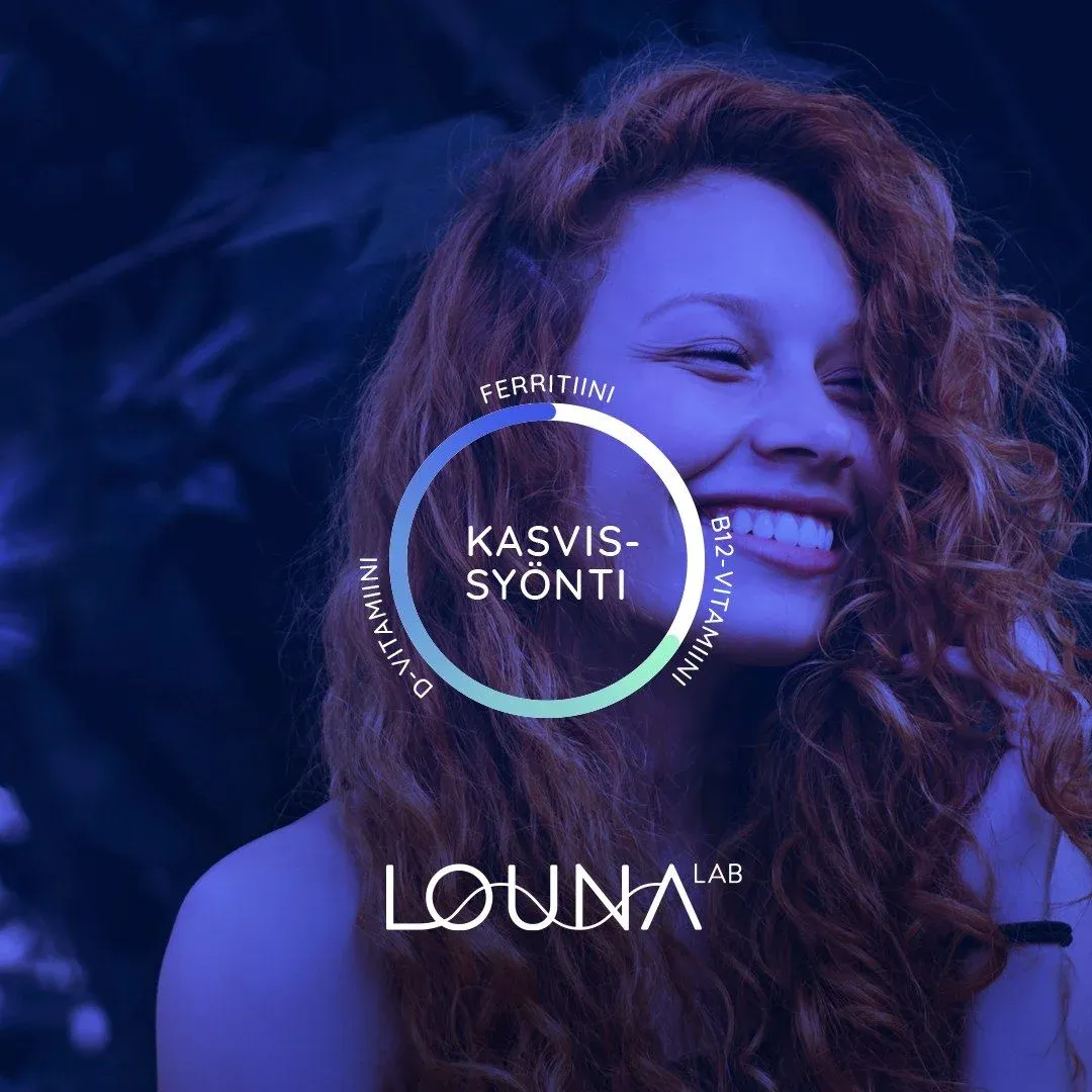 A laughing woman with curly hair inside a ring reading kasvissyönti, plant-based eating.