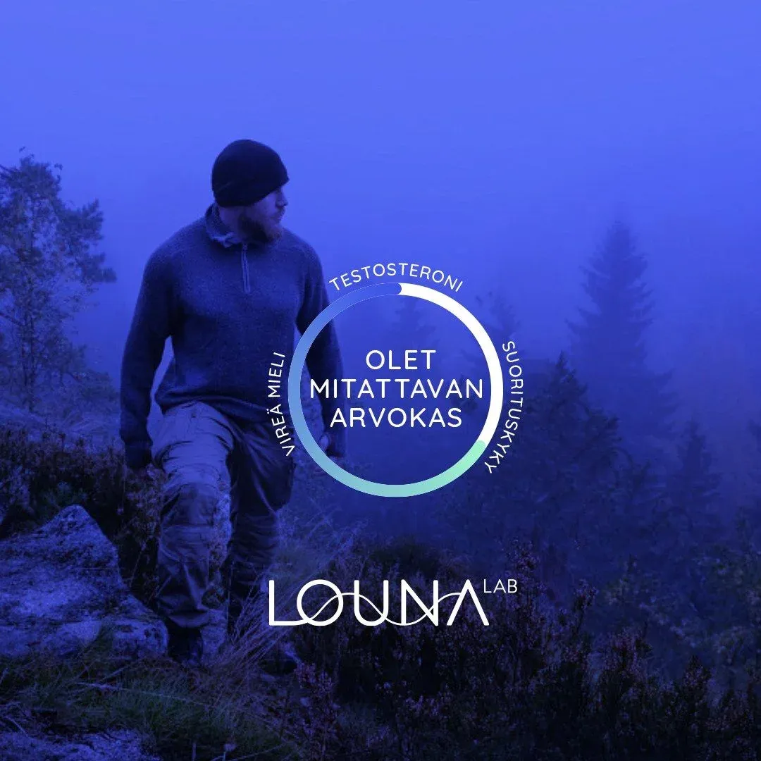 A man in a misty forest in blue duotone, with a ring reading testosterone and Olet mitattavan arvokas.