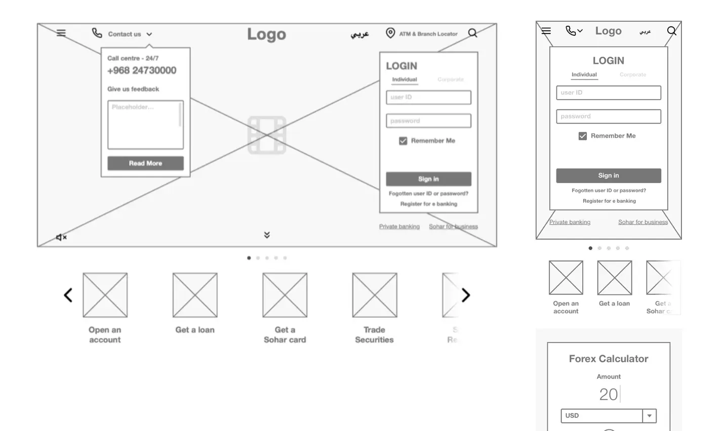 Conceptual wireframes for the site both for desktop and mobile.