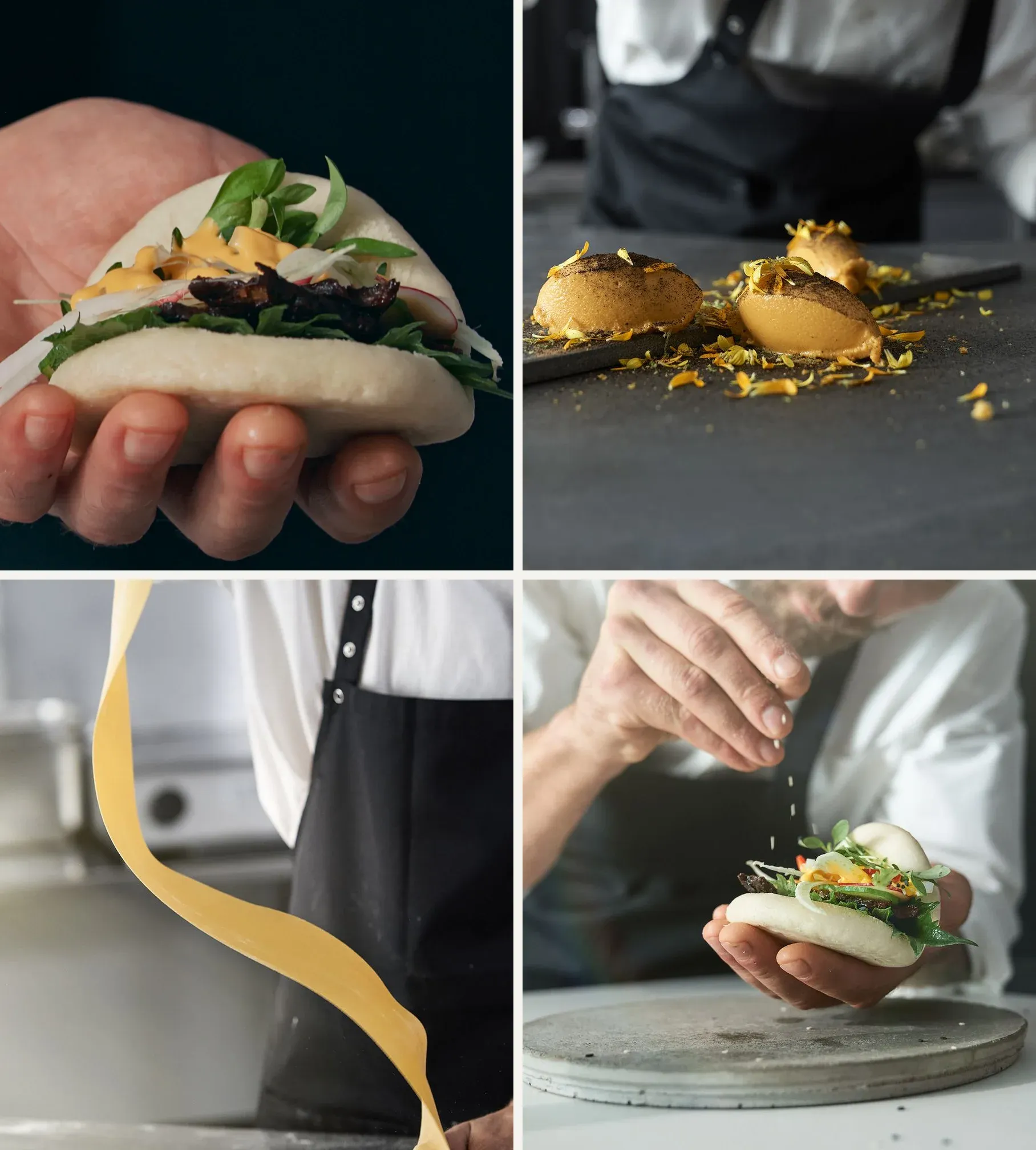 Neljä ruokakuvaa Will it cook? -sarjasta: täytetty bao-sämpylä, jäätelöä, tuoretta pastaa ja kokki viimeistelemässä baota.